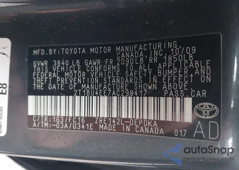 2010 Toyota Corolla Le from USA, damaged, VIN 2T1BU4EE7AC298417